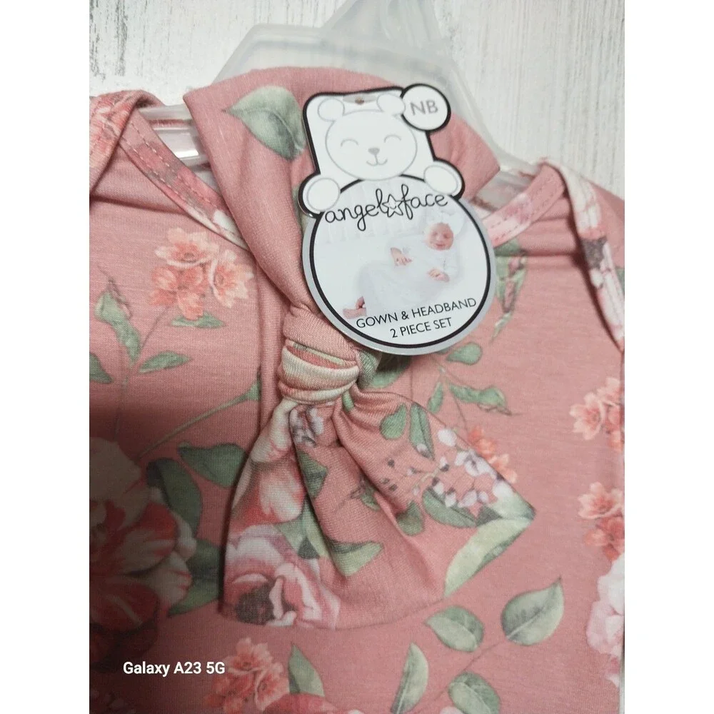 Angel Face Newborn Pink Floral Gown And Ribbon